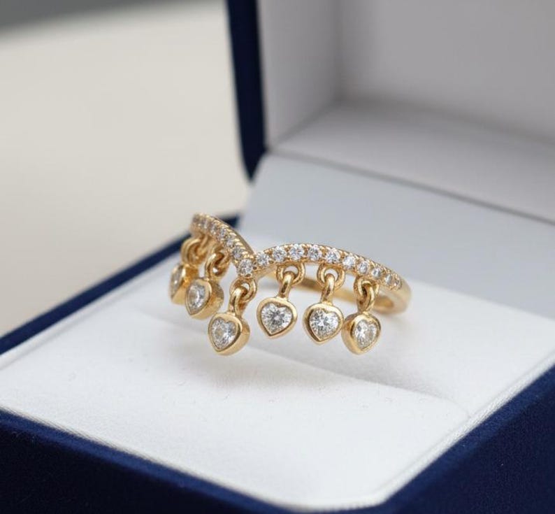 Heart Diamond Drop Tassel Charm Chevron Band, Dangling Shaker 925 Silver Handmade Ring 4