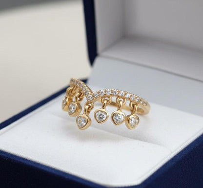 Heart Diamond Drop Tassel Charm Chevron Band, Dangling Shaker 925 Silver Handmade Ring 4