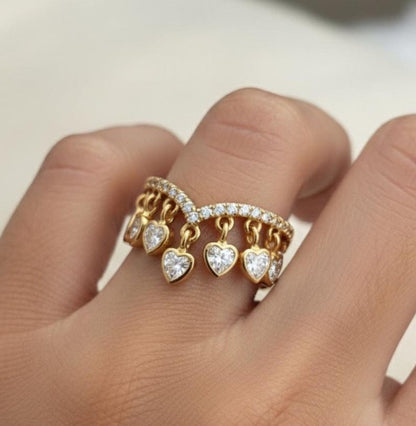 Heart Diamond Drop Tassel Charm Chevron Band, Dangling Shaker 925 Silver Handmade Ring n5