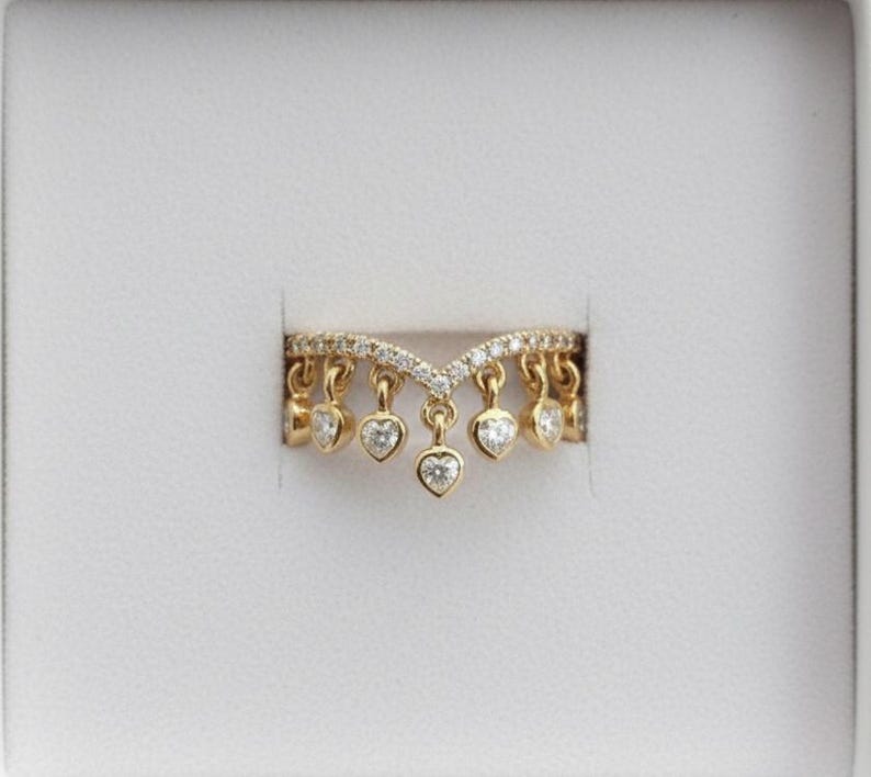 Heart Diamond Drop Tassel Charm Chevron Band, Dangling Shaker 925 Silver Handmade Ring 6