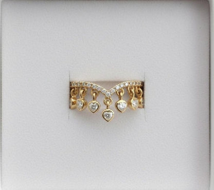 Heart Diamond Drop Tassel Charm Chevron Band, Dangling Shaker 925 Silver Handmade Ring 6