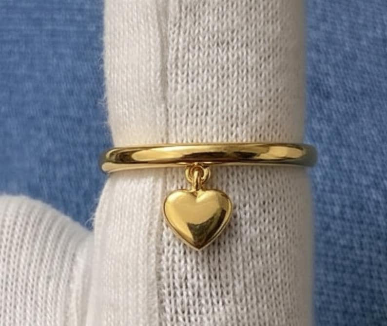Heart Drop Sterling Silver Ring, Handmade Dangling Charm Ring 3