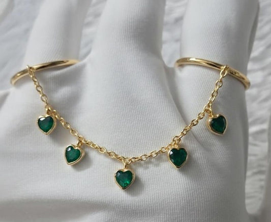 Heart Emerald Drop Chain Ring, 14k Gold Two Finger Handmade Band, 1