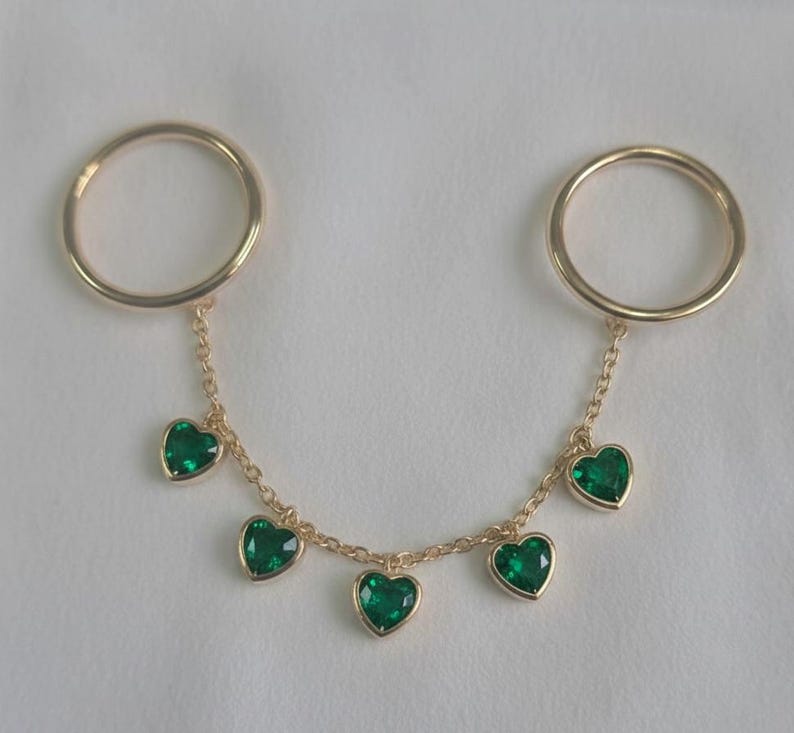 Heart Emerald Drop Chain Ring, 14k Gold Two Finger Handmade Band, 2