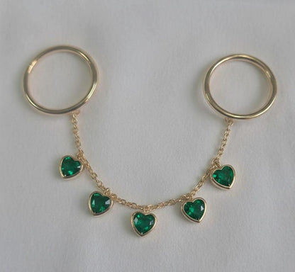 Heart Emerald Drop Chain Ring, 14k Gold Two Finger Handmade Band, 2