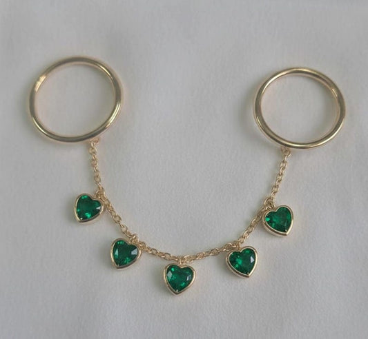 Heart Emerald Drop Chain Ring, 14k Gold Two Finger Handmade Band, 2