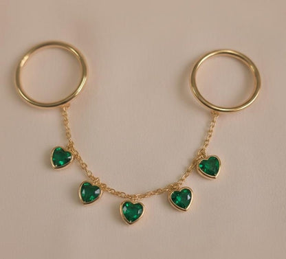 Heart Emerald Drop Chain Ring, 14k Gold Two Finger Handmade Band, 3