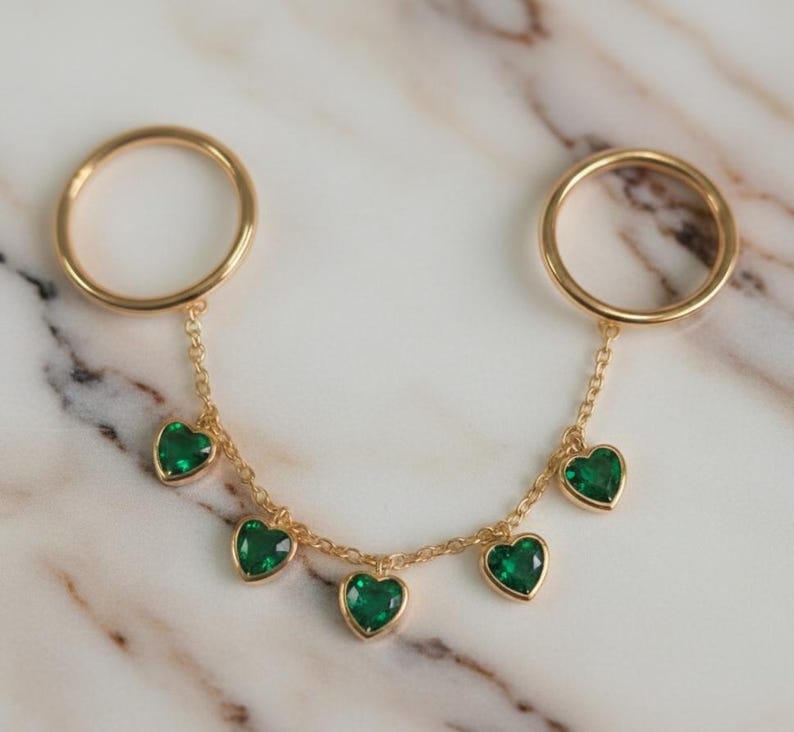 Heart Emerald Drop Chain Ring, 14k Gold Two Finger Handmade Band, 4