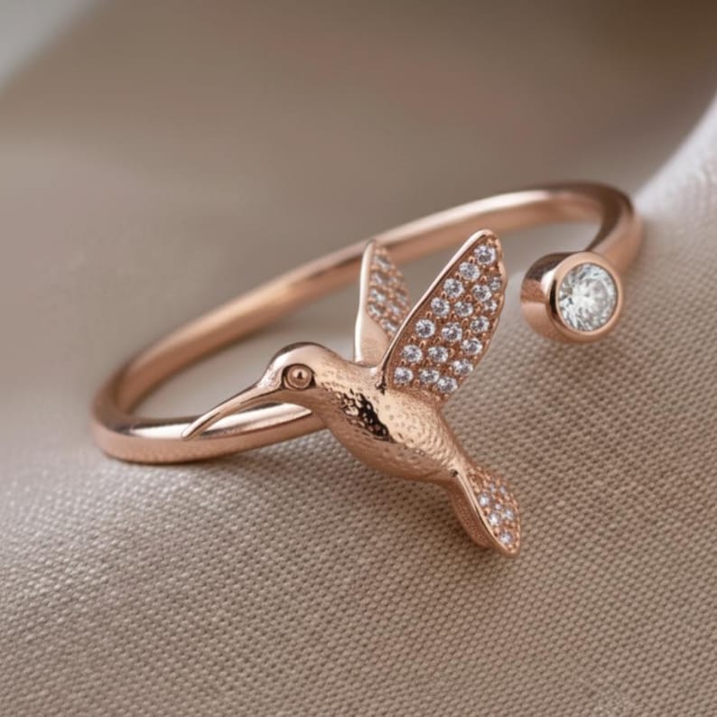 Hummingbird CZ Open Ring in Brass – Adjustable Nature Inspired Gold Plated Bird Ring 3