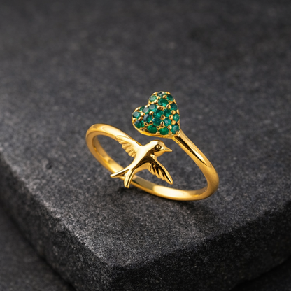Hummingbird Ring Rose Gold Emerald Heart Adjustable Open Band 2