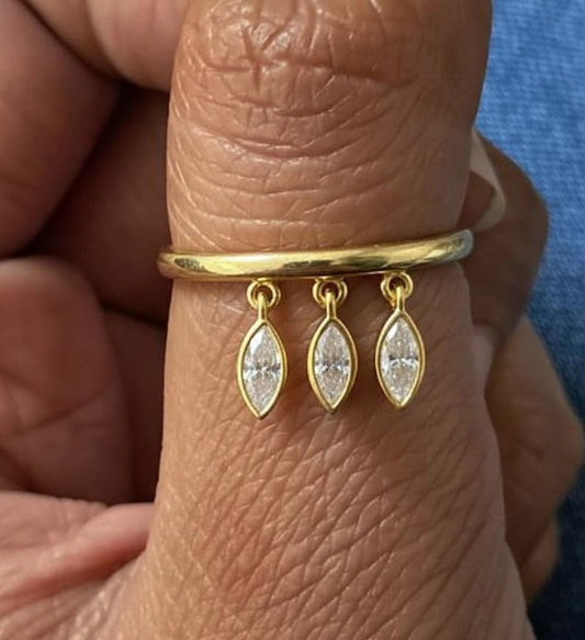 Marquise Diamonds Drop Dangle Tassel Ring, 14k Gold Hanging Charm Band 1