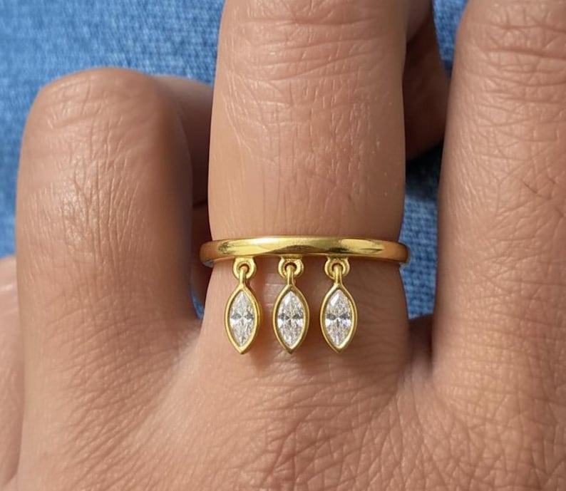 Marquise Diamonds Drop Dangle Tassel Ring, 14k Gold Hanging Charm Band 2