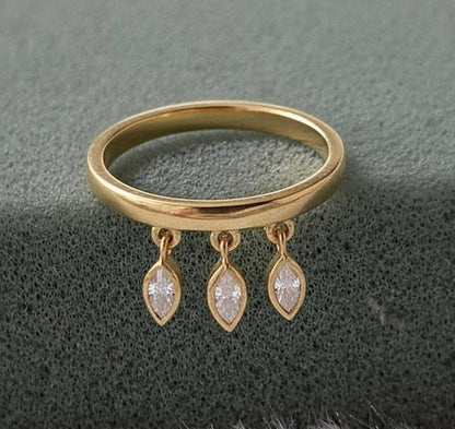 Marquise Diamonds Drop Dangle Tassel Ring, 14k Gold Hanging Charm Band 3