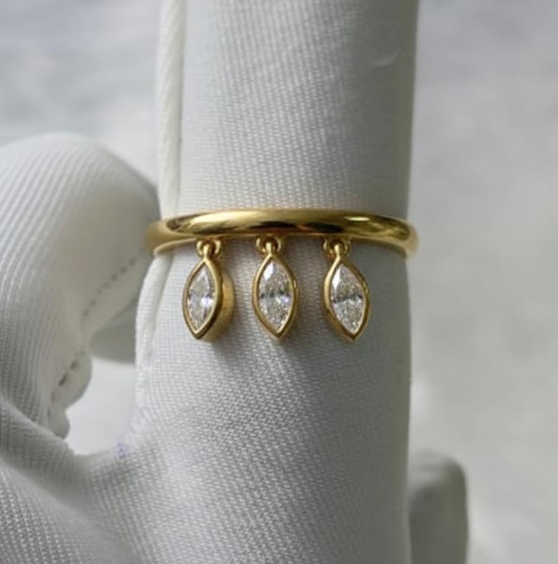 Marquise Diamonds Drop Dangle Tassel Ring, 14k Gold Hanging Charm Band 5