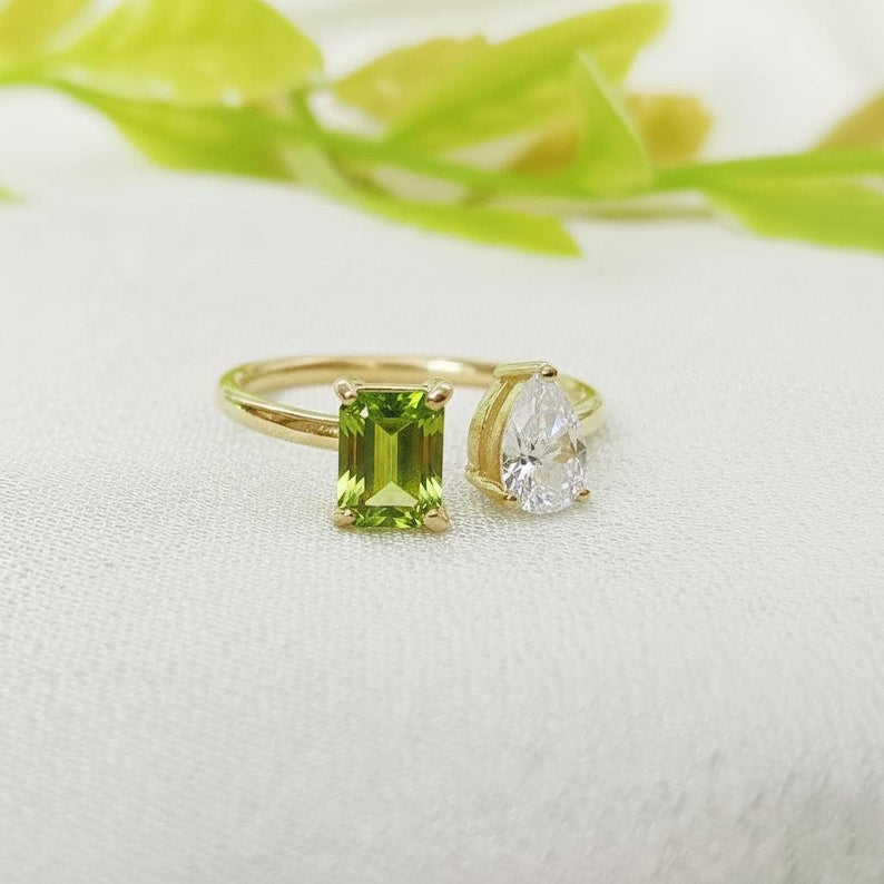 Octagon Peridot Diamond Toi et Moi Ring | 14k Gold Vintage Two Stone Ring devikagems