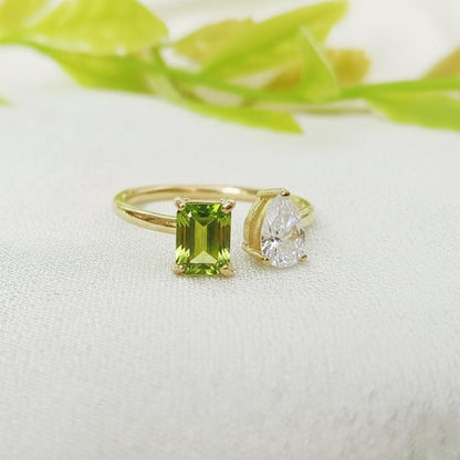 Octagon Peridot Diamond Toi et Moi Ring | 14k Gold Vintage Two Stone Ring devikagems