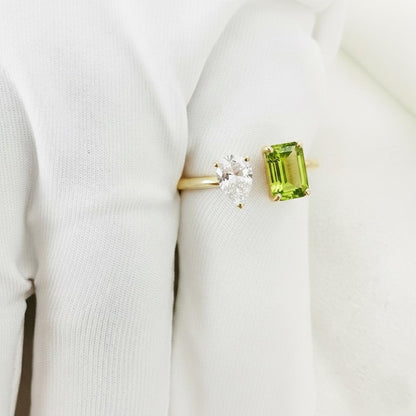 Octagon Peridot Diamond Toi et Moi Ring | 14k Gold Vintage Two Stone Ring devikajewelsgemstone