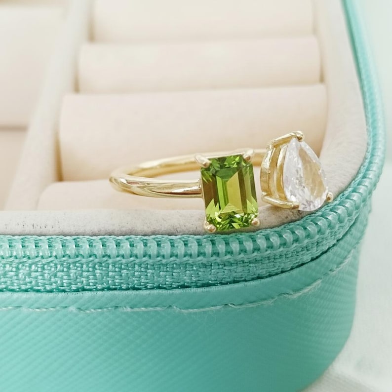 Octagon Peridot Diamond Toi et Moi Ring | 14k Gold Vintage Two Stone Ring devikagemstone jewelery