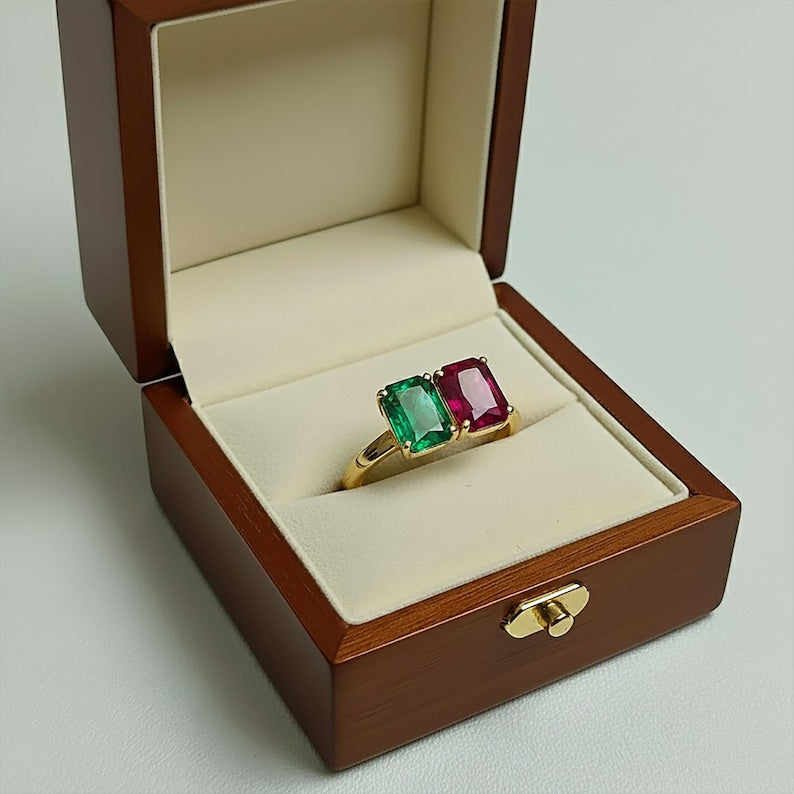Octagon Ruby Emerald Toi Et Moi Ring 14k Gold USA 1