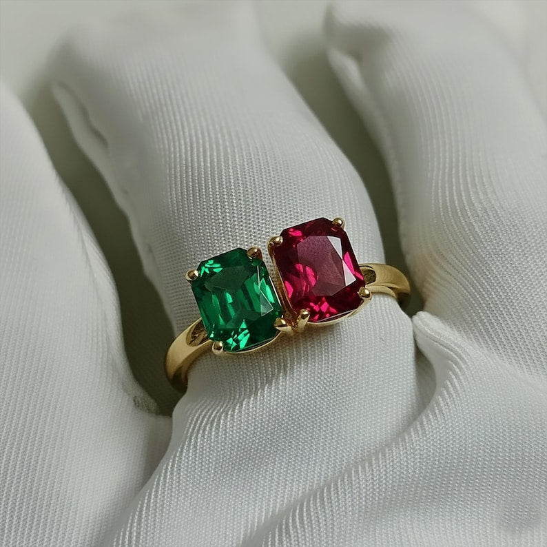 Octagon Ruby Emerald Toi Et Moi Ring 14k Gold USA 2