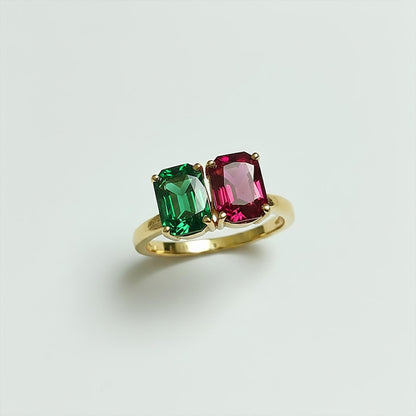 Octagon Ruby Emerald Toi Et Moi Ring 14k Gold USA 3