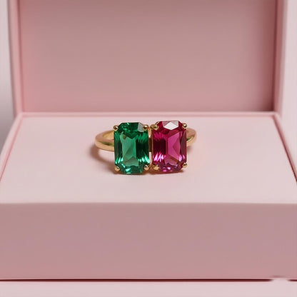 Octagon Ruby Emerald Toi Et Moi Ring 14k Gold USA 4