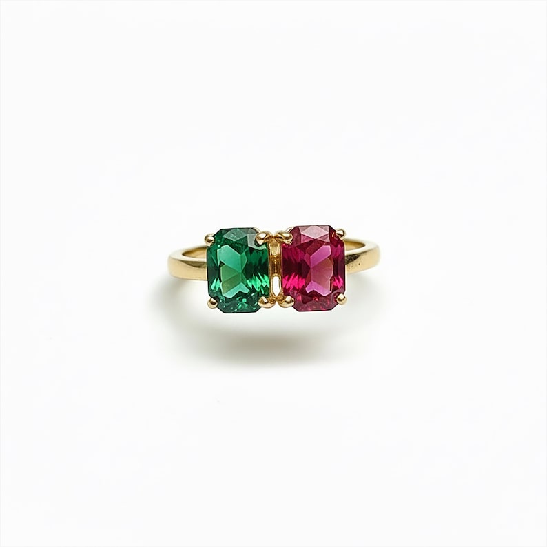 Octagon Ruby Emerald Toi Et Moi Ring 14k Gold USA 5