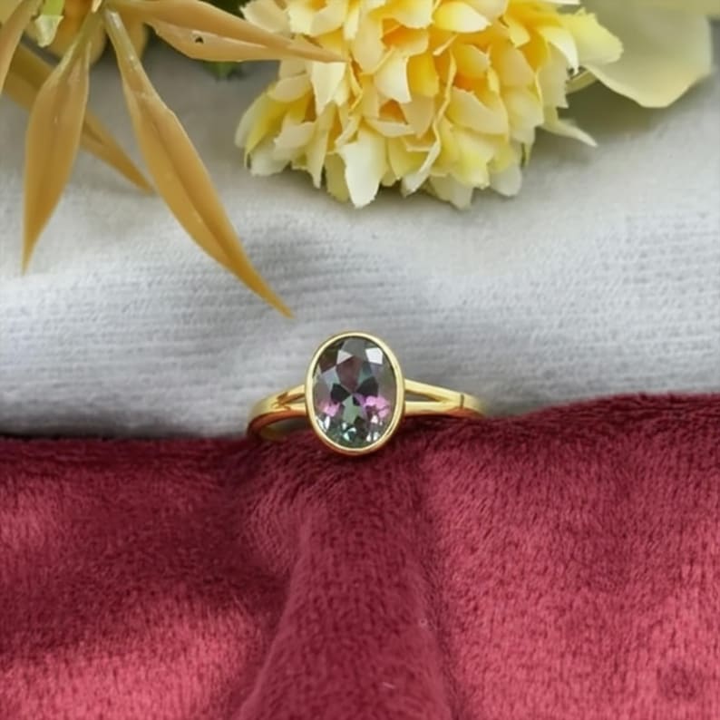 Oval Alexandrite Stacking Ring 14k Yellow Gold Handcrafted Solitaire hybrid crystal Ring 925 Silver 1
