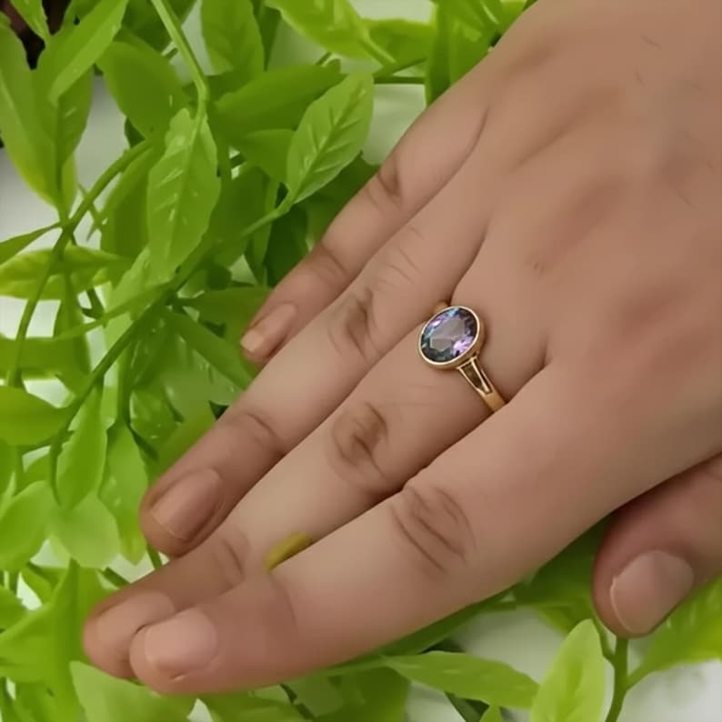 Oval Alexandrite Stacking Ring 14k Yellow Gold Handcrafted Solitaire hybrid crystal Ring 925 Silver 3