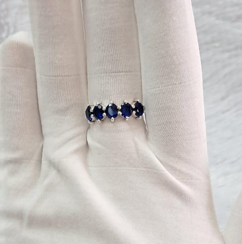 Oval Blue Sapphire Sterling Silver Wedding Band Ring, Half Eternity Five Stone Engagement Promise Ring 1