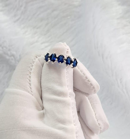 Oval Blue Sapphire Sterling Silver Wedding Band Ring, Half Eternity Five Stone Engagement Promise Ring 2