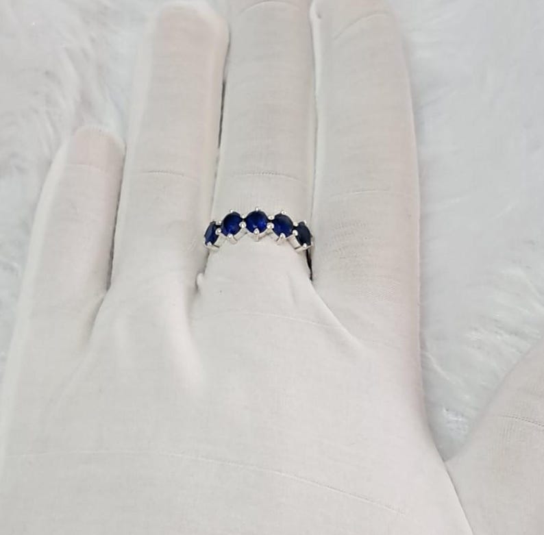 Oval Blue Sapphire Sterling Silver Wedding Band Ring, Half Eternity Five Stone Engagement Promise Ring 3