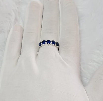 Oval Blue Sapphire Sterling Silver Wedding Band Ring, Half Eternity Five Stone Engagement Promise Ring 3