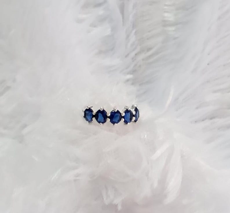 Oval Blue Sapphire Sterling Silver Wedding Band Ring, Half Eternity Five Stone Engagement Promise Ring 4