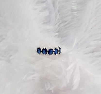 Oval Blue Sapphire Sterling Silver Wedding Band Ring, Half Eternity Five Stone Engagement Promise Ring 4