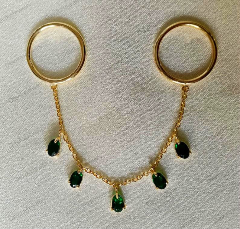 Oval Emerald Two Finger Handmade Jewelry in 14k Gold Chain Drop  devika