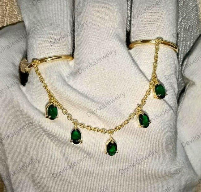 Oval Emerald Two Finger Handmade Jewelry in 14k Gold Chain Drop  devika jewels
