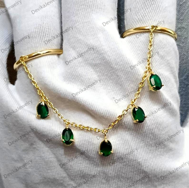 Oval Emerald Two Finger Handmade Jewelry in 14k Gold Chain Drop  devikagemsjewels