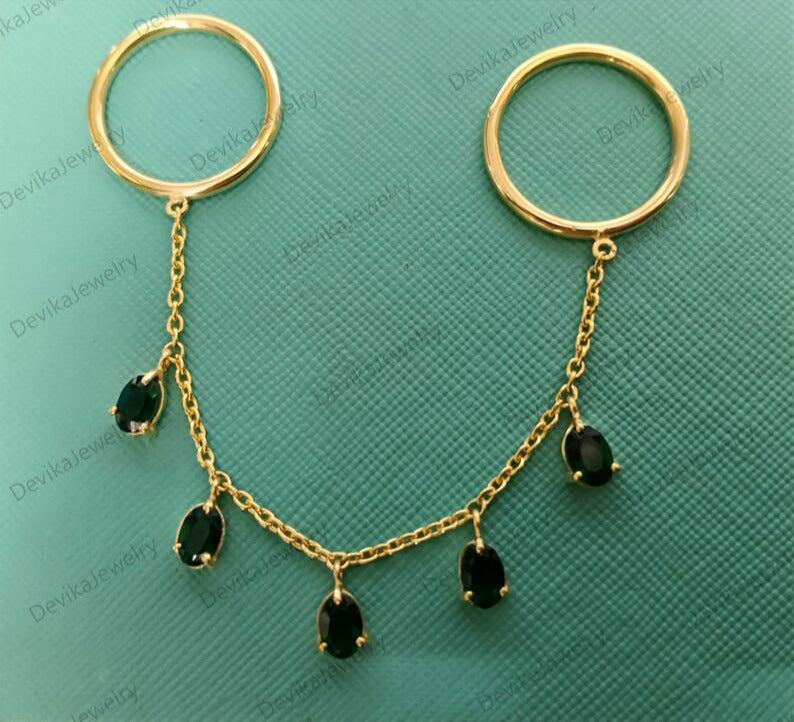 Oval Emerald Two Finger Handmade Jewelry in 14k Gold Chain Drop  gemsdevika