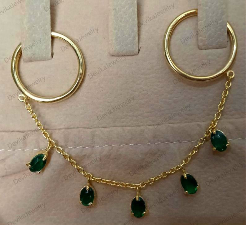 Oval Emerald Two Finger Handmade Jewelry in 14k Gold Chain Drop  devika gem