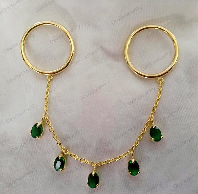Oval Emerald Two Finger Handmade Jewelry in 14k Gold Chain Drop  jewelsdeviaka