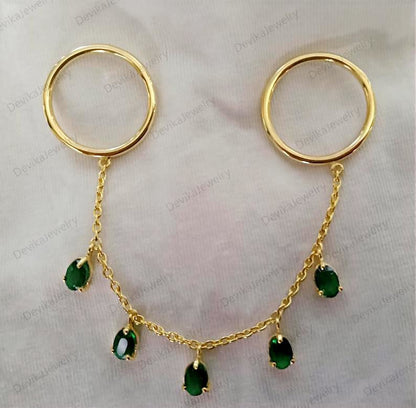 Oval Emerald Two Finger Handmade Jewelry in 14k Gold Chain Drop  jewelsdeviaka