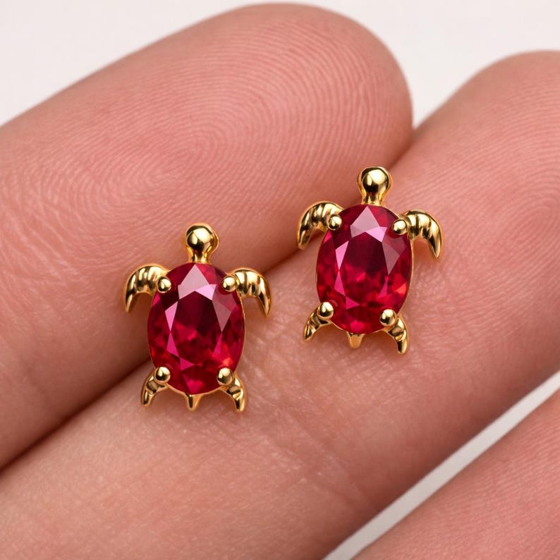 Oval Ruby Turtle Stud Earrings Gold Plated Gemstone Earrings for Women 2
