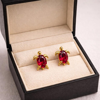 Oval Ruby Turtle Stud Earrings Gold Plated Gemstone Earrings for Women 3