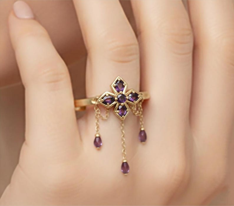 Pear Amethyst Floral 14kGold Drop Ring Elegant Wedding Handmade Jewelry devika jewels