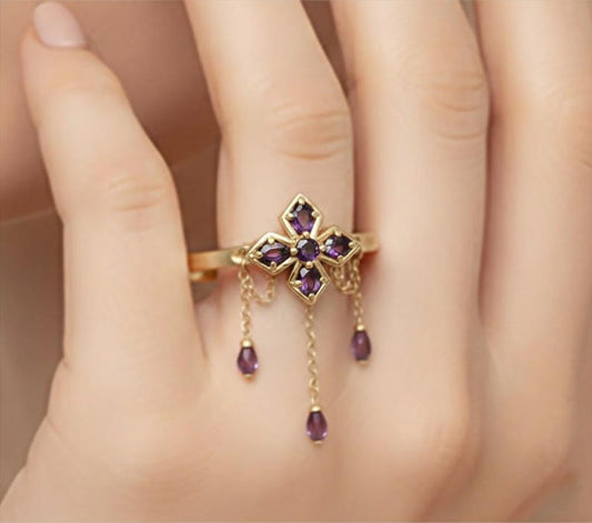 Pear Amethyst Floral 14kGold Drop Ring Elegant Wedding Handmade Jewelry devika jewels