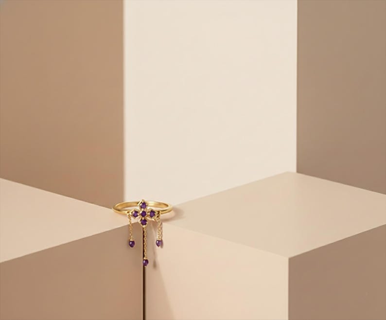 Pear Amethyst Floral 14kGold Drop Ring Elegant Wedding Handmade Jewelry gem jewels