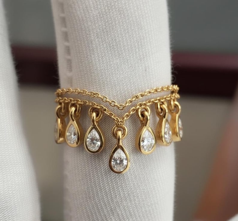 Pear Diamond Double Chain Band Ring, 14k Gold Chevron Teardrop Dangling Drop Ring  DEVIKA