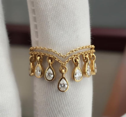 Pear Diamond Double Chain Band Ring, 14k Gold Chevron Teardrop Dangling Drop Ring  DEVIKA