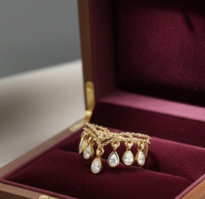 Pear Diamond Double Chain Band Ring, 14k Gold Chevron Teardrop Dangling Drop Ring - DAVIKA JEWELS